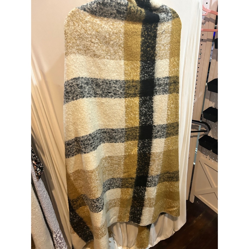 Oversized Plaid Blanket Scarf Wrap Shawl Fringe Yellow Black Cream